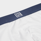 close up detail of confident male's white underwear short boxer briefs with navy band and dribble guard technology wicking layers for men who suffer from benign prostatic hyperplasia or bph