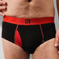 male model wearing confident male black underwear briefs with red band and dribble guard technology wicking layers for men who suffer from benign prostatic hyperplasia or bph