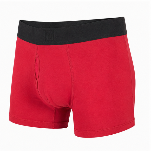 Ruby red men's leak-resistant boxer briefs on a white background